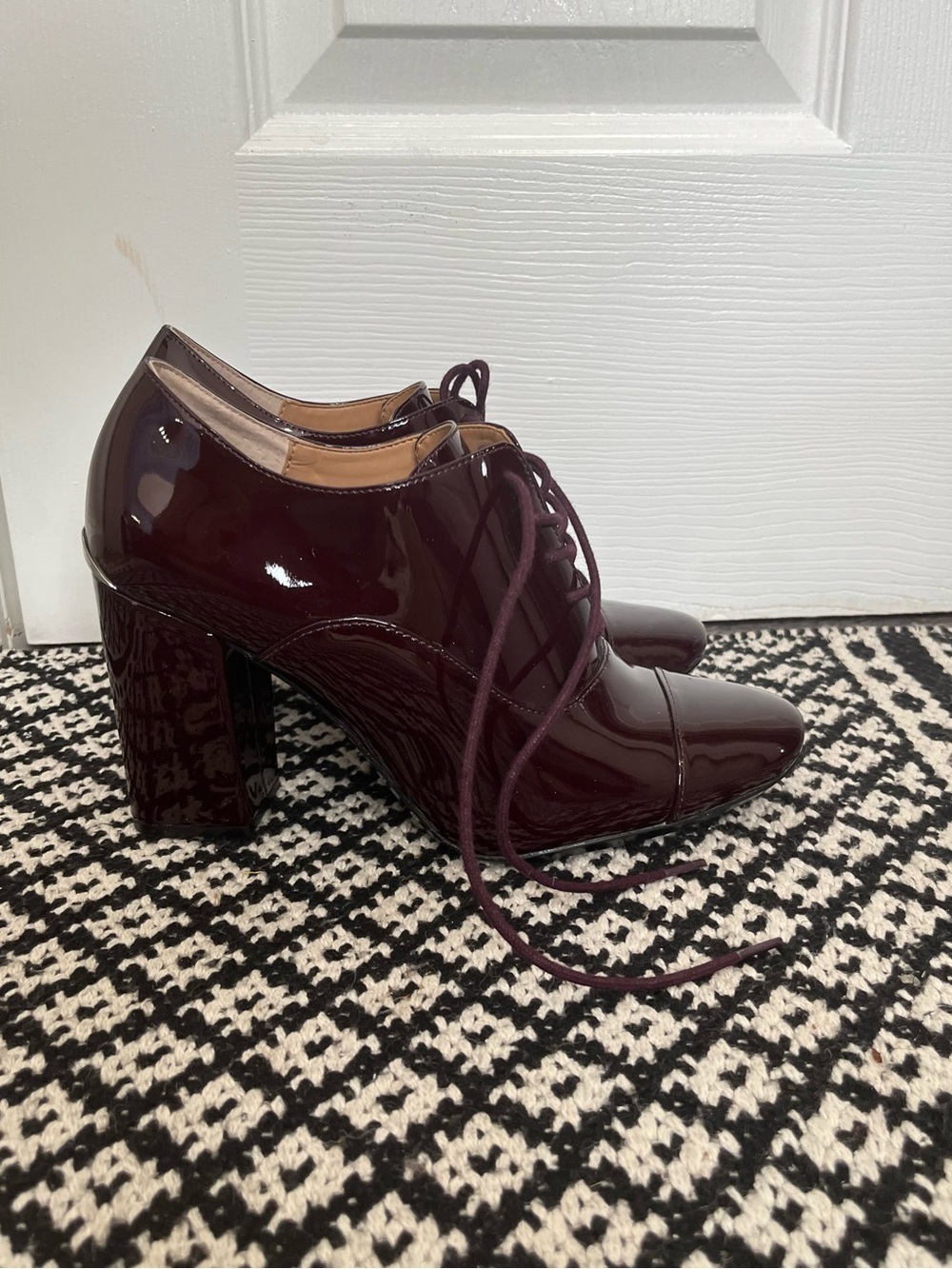 Calvin Klein Burgundy Patent Lace-Up Block Heel Booties